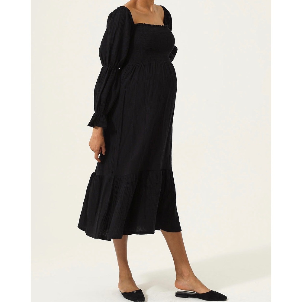 Nothing Fits But Midi Dress YUKI Maternity Off Shoulder Gauze Black Small